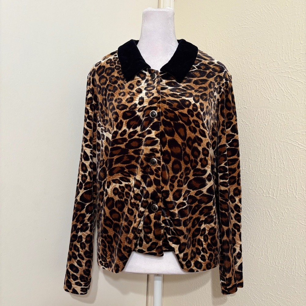 Velvet Leopard Print Cheetah Button Up Blouse Jacket Glam Animal 90s Retro 14